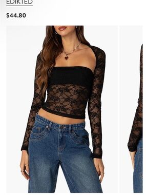 Edikted Black Sheer Lace Long-Sleeve Crop Top